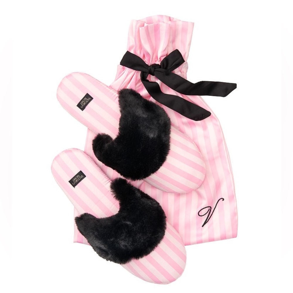 NWT! VICTORIA'S SECRET Signature Satin Slipper Pink Black Stripe
